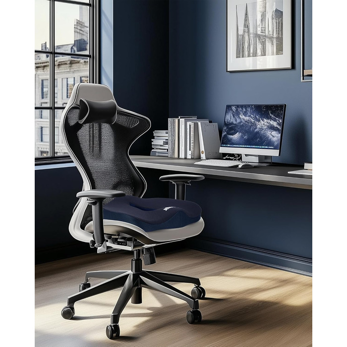 Ортопедична подушка для сидіння Feagar з Memory Foam: для офісного крісла, інвалідного візка, автокрісла. Подушка для хребта, стегна та сідниць. Чорний колір (Темно-синій, XL (90-150кг))