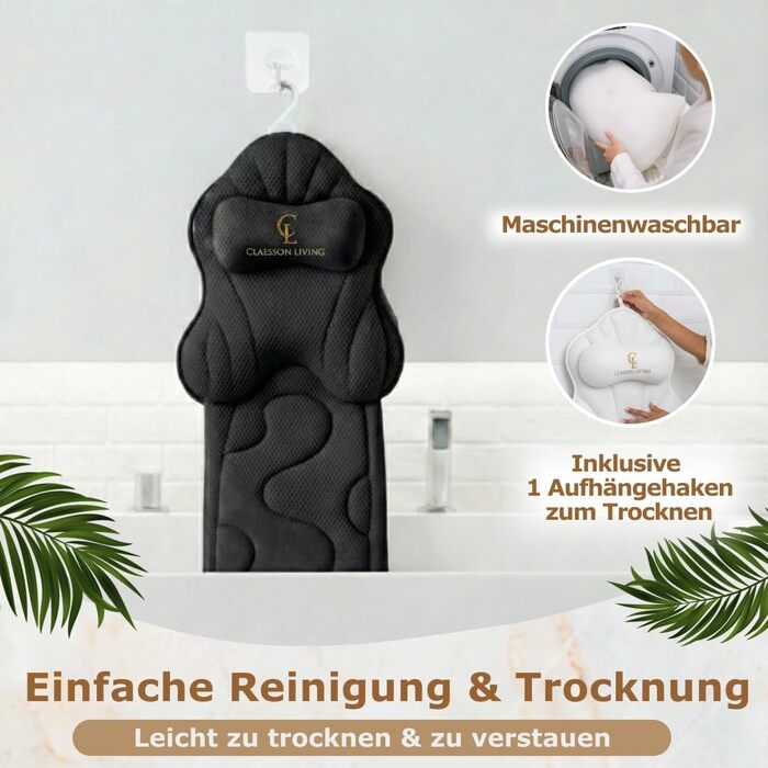 Подушка для ванни повного тіла, 126x41 см. Килимок для ванни з підголовником (13 см) для підтримки шиї, спини та ніг. З мішком для прання та подорожей та гачком для сушіння. Білий (Темно-чорний)