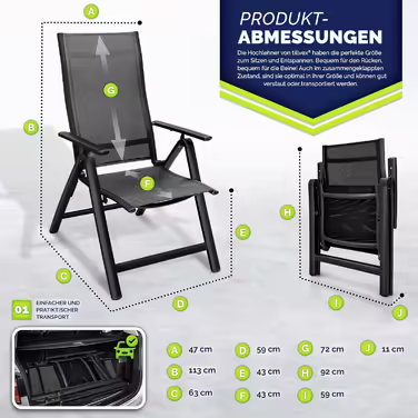 tillvex Premium Garden Chair 1 Piece Folding Aluminum | High Back with Armrests | Adjustable Folding Chair | Folding Armchair Balcony Garden Terrace 1 Piece (Black, 2 Pieces)