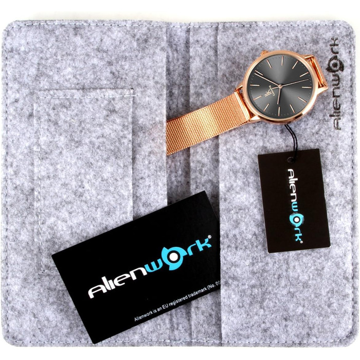 Жіночий годинник Alienwork IK Minimalist, ультратонкий, сітчасте браслет (рожеве золото/сірий/рожеве золоте сітчасте браслет)