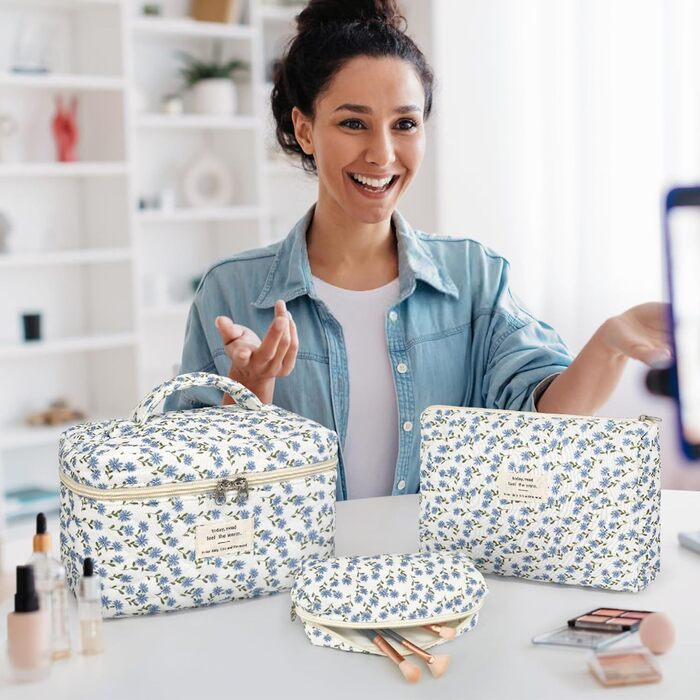 Набір косметичок для жінок: 3 шт. (великі та маленькі) - косметичка, сумочка для макіяжу, органайзер для подорожей (блакитний з квітами)