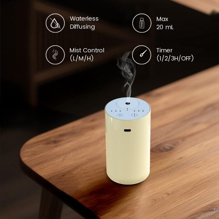 Дифузор для ефірних олій Cavir без води, портативний міні-розпилювач аромату, USB-зарядка, 1/2/3 години таймер, 3 рівні туману для дому, кімнати, авто, офісу (білий)