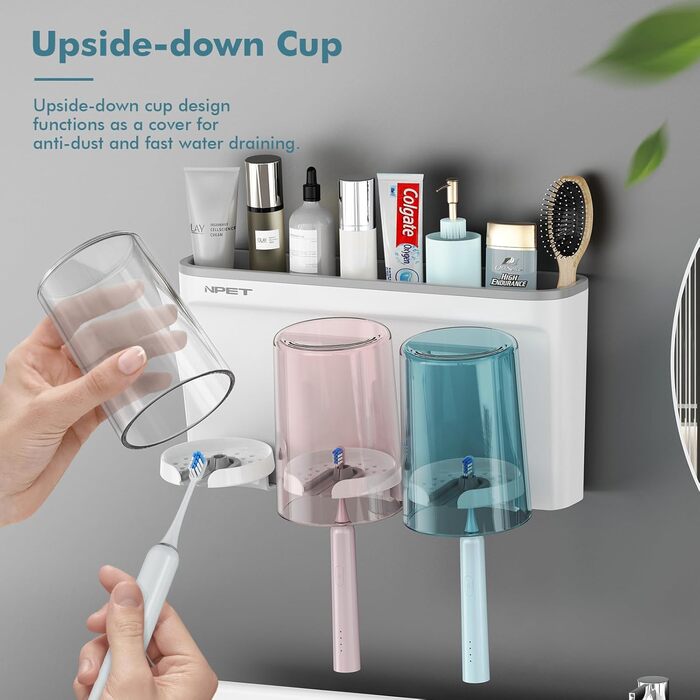 NPET Toothbrush Holder for Bathroom, 3 Cups, Toothbrush Holder Set, Wall Mount, Ideal Bathroom Accessory Organization