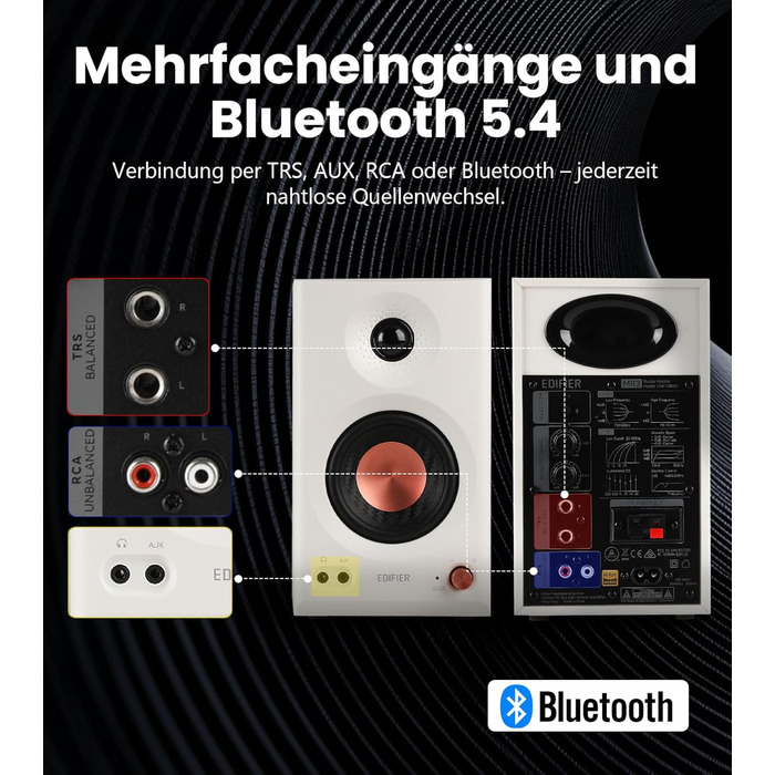 Edifier MR3 - Компактні Студійні Акустичні Системи 2.0, Hi-Res Audio, Bluetooth V5.4, RCA, AUX, Мобільний Додаток, 2 x 18 W, Білий