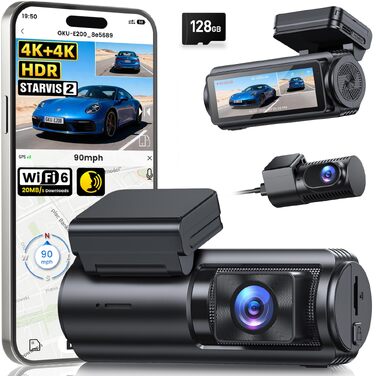 Автомобільний відеореєстратор GKU 4K+4K (передній та задній), сенсор STARVIS 2, HDR, нічна зйомка, чорний