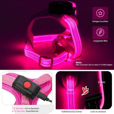 Світловідбиваючий нашийник для собак PZRLit з підзарядкою, для маленьких собак, XS, LED, для безпечних прогулянок вночі - Рожевий
