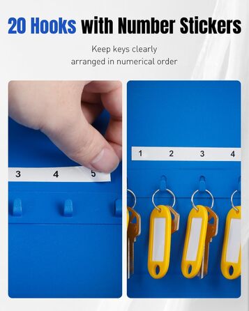 Шкафчик для ключів Uniclife на 60 позицій з комбінацією та ключовим замком, переналаштовується, цифрова скринька безпеки, органайзер для ключів з регульованими полицями (20 ключів, блакитний)