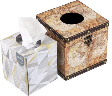 BTSKY Square Tissue Box Holder made of Wood + PU, Retro Style, for Home, Office, Cube, Napkin Holder, Elegant and Stylish Home Decor (Yellow Card)