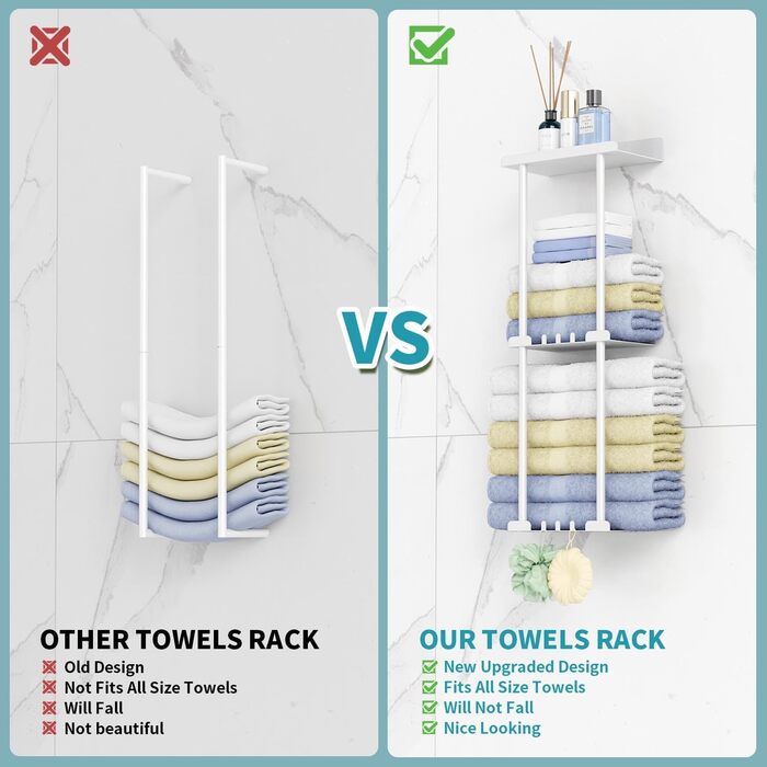 Тримач для рушників без свердління, настінний, з 6 гачками та полицею для ванної кімнати/кухні, матовий, для гостей, білий