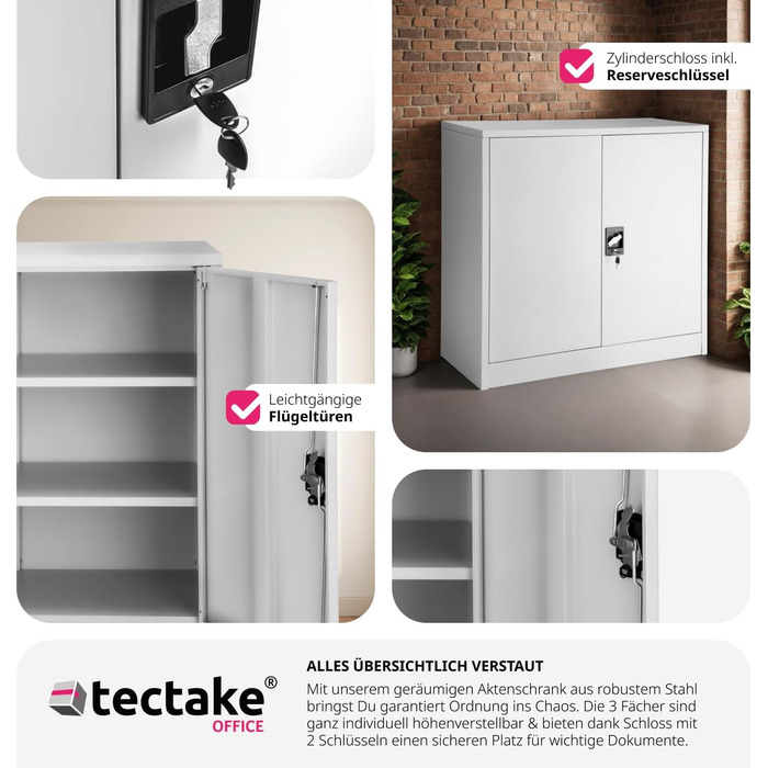 Металевий офісний шафа tectake із замком, 3 полиці, 90x40x90 см, сірий