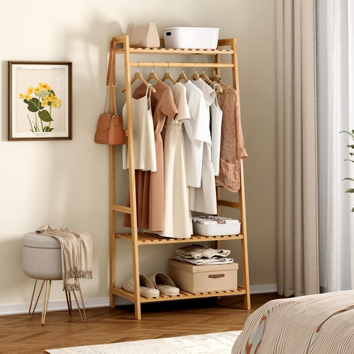 FOREHILL Clothes Rack with Shelves Coat Rack Bamboo Clothes Rail with Anti-Tip Device for Clothes Shoe Shelf Bags 164x70x42cm
