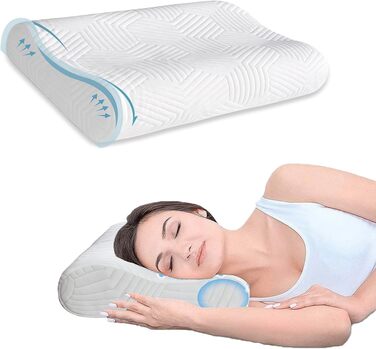 Ергономічна подушка для шиї та голови LAMB з ефектом пам'яті (Memory Foam), регульована висота, для сну на боці, з мийним чохлом, 50x36x10/8 см, біла