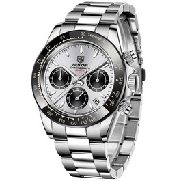 Чоловічий годинник BENYAR: Хронограф, кварцовий механізм, водонепроникний, з нержавіючої сталі, білий та чорний колір