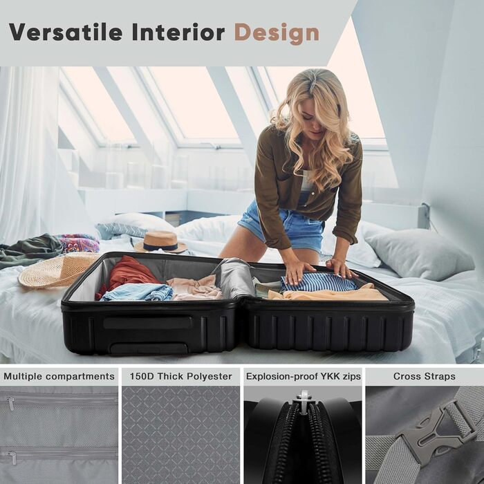 Набір валіз SHOWKOO 2 шт. з жорстким корпусом (65см + 75см), розширюваний, ультралегкий, полікарбонат, з TSA замком та 4 колесами (Чорний, XL/75см)