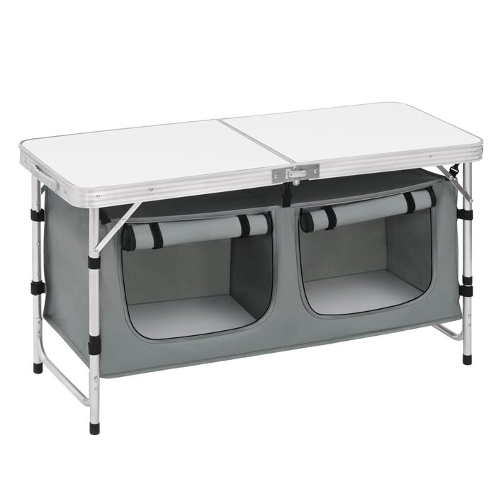 Складний алюмінієвий кемпінговий стіл WOLTU з регульованою висотою та полицями для зберігання, білий+сірий - для пікніка, пляжу, саду