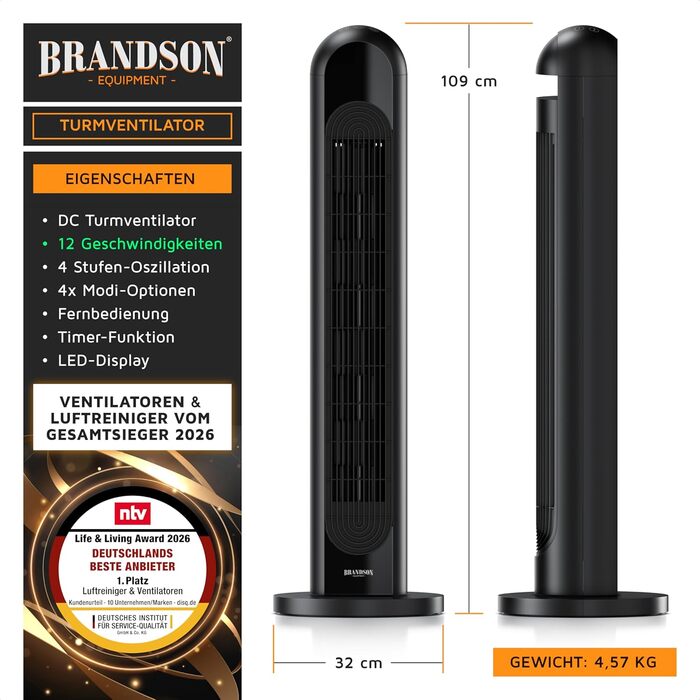 Вентилятор Tower Brandson Eco Design DC – тихий, 12 швидкостей, 4 режими (нормальний, природа, сон, авто), з пультом ДК