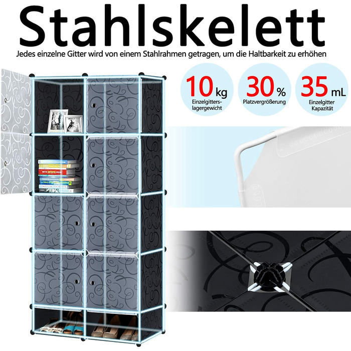 DIY Shoe Cabinet Shoe Shelf, Shelf System Shoe Storage Shelves for Clothes, Shoes, Toys, and Books 111cm x 37cm x 147cm (Black with Door) (8 Boxes)