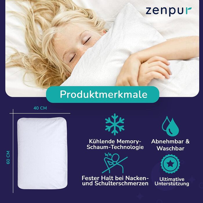 Набір ортопедичних подушок ZenPur з ефектом пам'яті (Memory Foam), 40x60x13 см, ергономічна подушка для шиї з бамбуковим чохлом Oeko-Tex, 2 шт.