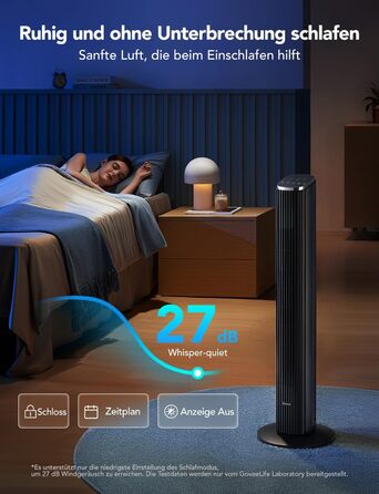 GoveeLife Розумний тихий вентилятор-турбіна, 75° осциляція, керування через додаток та голосовий помічник, швидкість 6.3 м/с, 8 режимів, 5 функцій, таймер на 24 години, з охолодженням