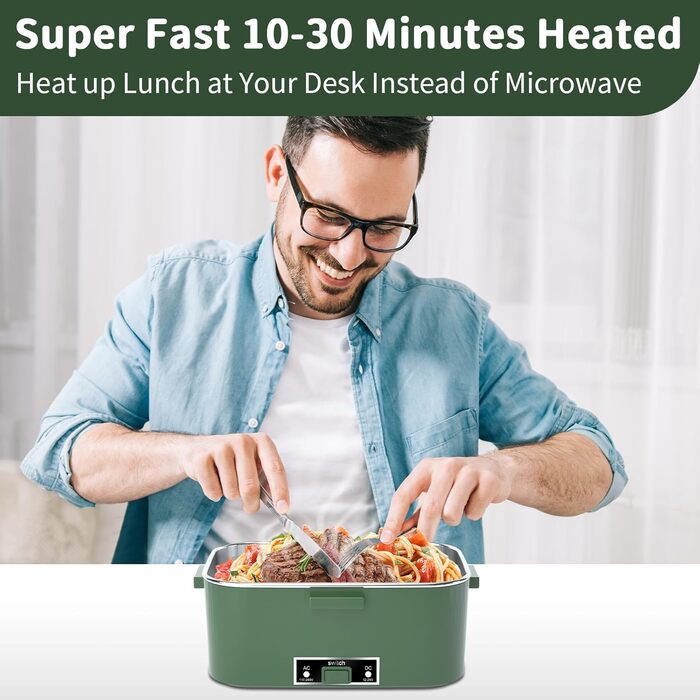 Electric Lunch Box 100W, 3-in-1 Portable Heated Lunch Box, Removable Stainless Steel Lunch Container, 12V/24V/220V Insulated Food Warmer for Car/Truck/Office, with Insulated Bag and Sponge (Green, 1.8 L)