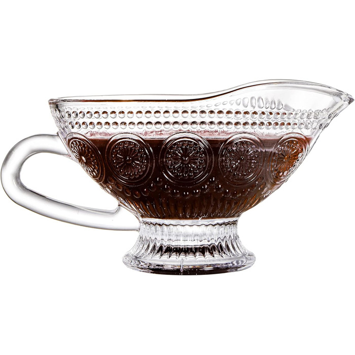 Kingrol 2-Piece 9.5 oz Sauce Dishes for Serving Sauces, Salad Dressings, Syrup, Coffee, Milk, Glass Pitchers with Embossed Vintage Design