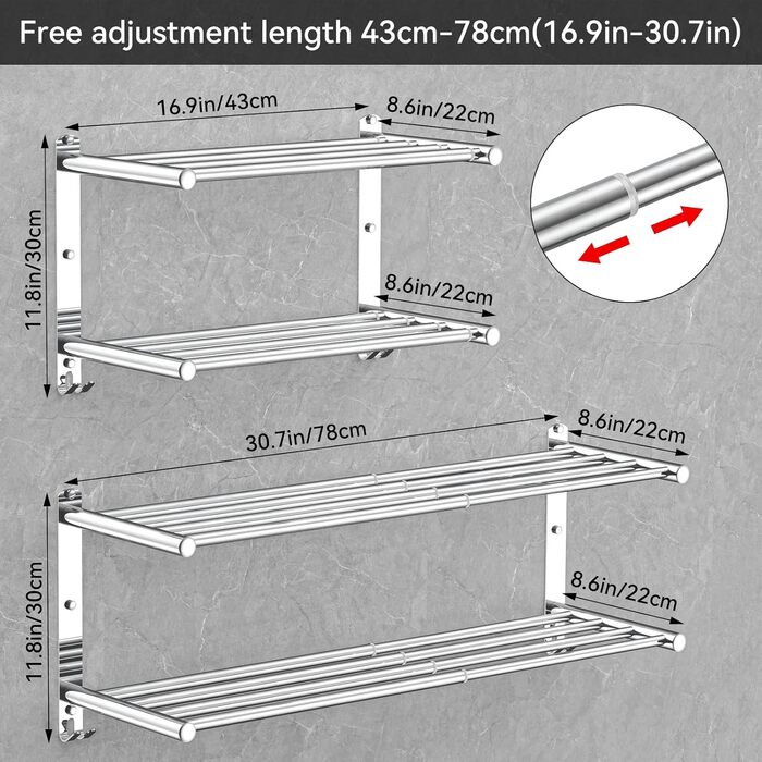 Adjustable 17-30 Inch Towel Bar for Bathroom Kitchen Towel Holder Dishcloth Hanger SUS304 Stainless Steel Wall Mount No Drill (Double Layer Towel Holder)