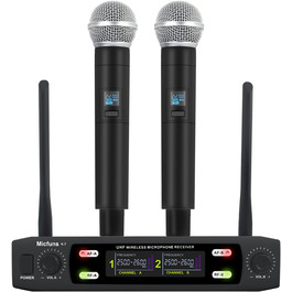 Мікрофонний комплект Micfuns K7 Professional: бездротові ручні мікрофони VHF 230-250 МГц для караоке, вечірок та мовлення. Дальність дії: 100 м