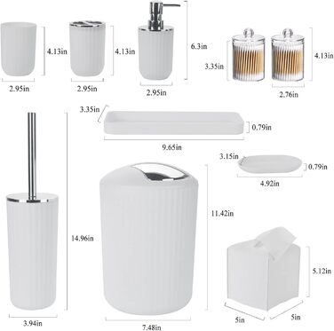 Набір аксесуарів для ванної кімнати, 10 предметів: сміттєвий бак, тримач для зубних щіток, мильниця, дозатор мила, тримач для унітазного йоржика, контейнер для ватних паличок, кришка для серветок (білий)