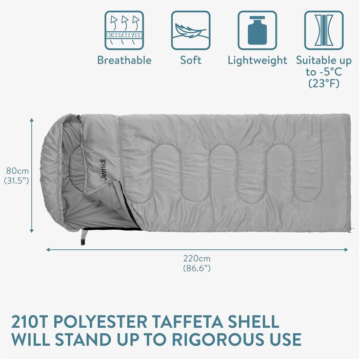 Спальний мішок JEMIDI для зими та літа, Outdoor, до -5°C, великий, 220x80x10 см, водонепроникний, для дорослих, сірий