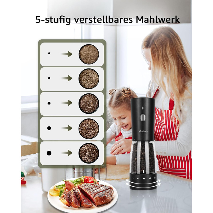 Electric Salt and Pepper Grinder Set of 2, USB Rechargeable Stainless Steel Electric Pepper Grinder with Adjustable Coarseness, Large Capacity, Elegant Storage Base