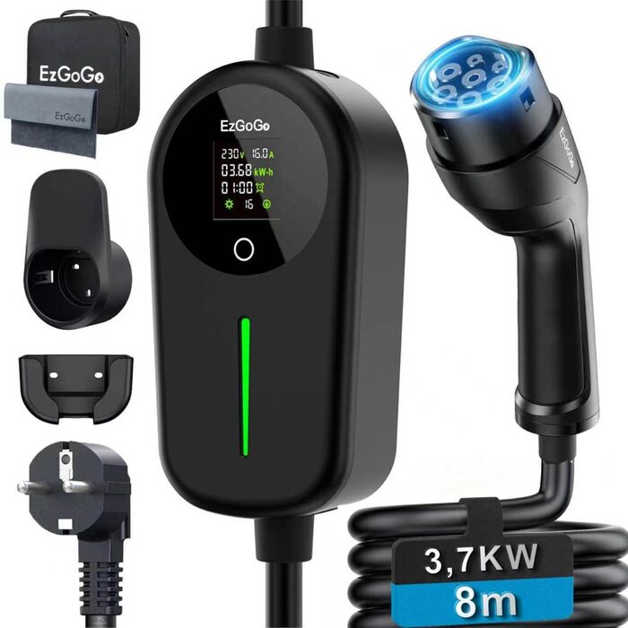 Кабель для зарядки електромобіля EzGoGo Type 2 Schuko 3.7 кВт 8м, LCD-дисплей, IP65, для EV/PHEV (IEC 62196-2)