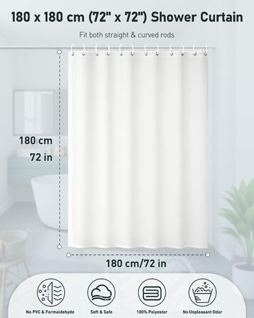 Шторка для душу Uniclife, біла, 180x180 см, тканинна, водонепроникна, з 12 гачками, з обтяженим краєм, для ванни