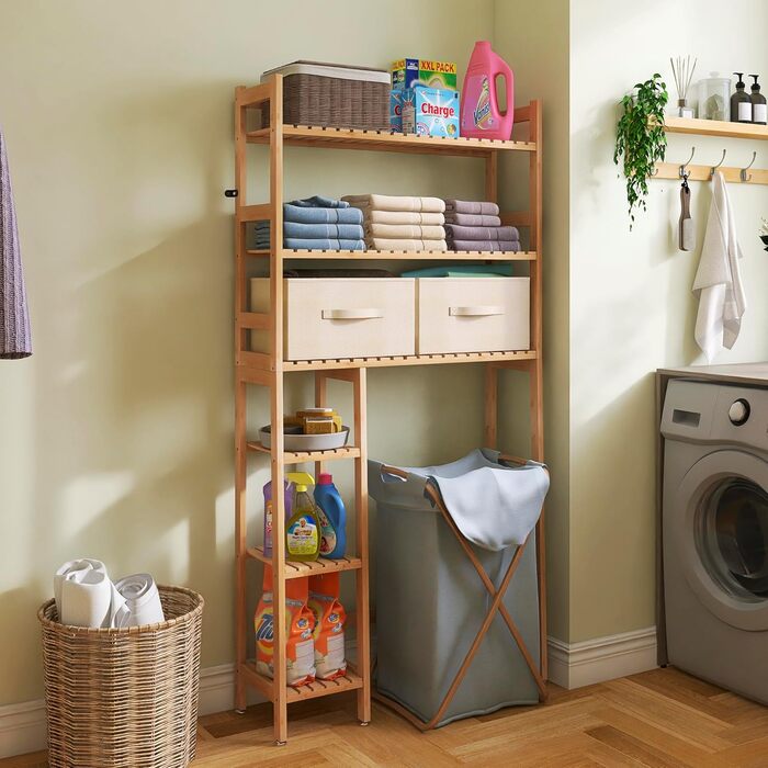 SMIBUY Over The Toilet Storage, 6-Tier Bamboo Bathroom Shelf with Drawers, Freestanding Over the Toilet Organizer Rack, Ample Storage, Space Saver for Small Spaces (Natural)