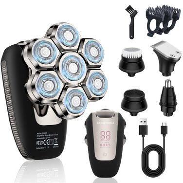 BarberBoss QR-2025 Електричний Роторний Бритва для Гоління Голови 7D, 5-в-1 з LED-дисплеєм, Триммер для Бороди та Носа, Набір для Догляду за Обличчям