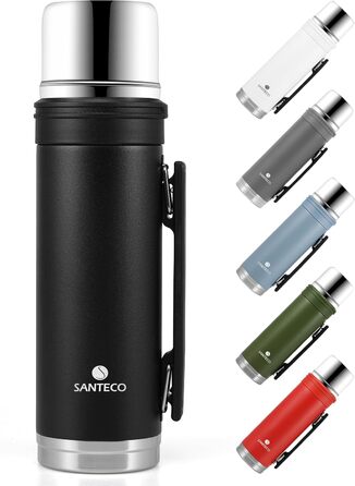 Термос SANTECO 1л з кришкою-чашкою - термофляга з нержавіючої сталі, ізольована, для гарячих та холодних напоїв, без BPA (чорний, 1000 мл)