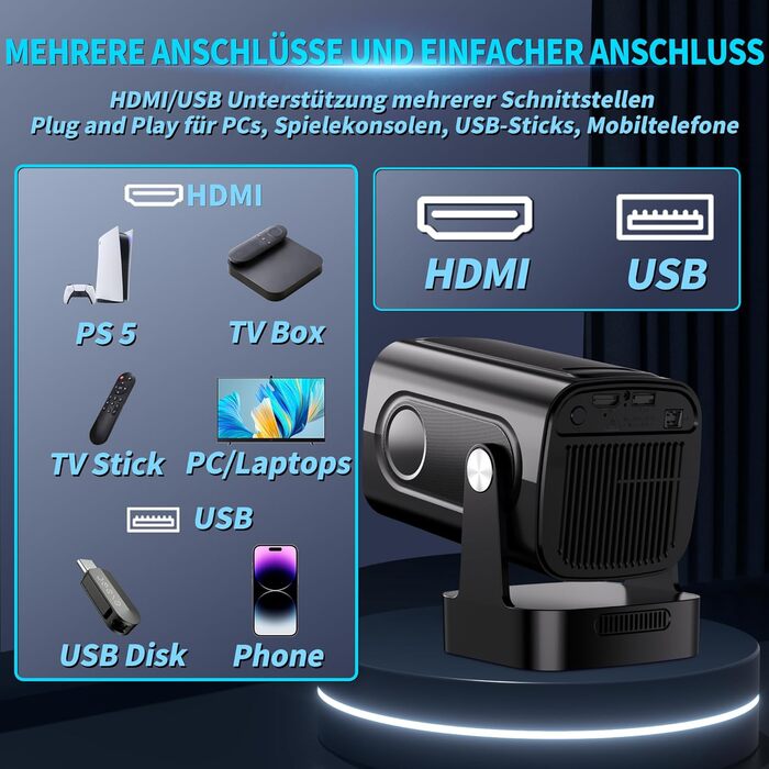 4K проєктор Beamer Full HD 1080P Android, портативний міні-проєктор з Wi-Fi 6 та Bluetooth 5.2, поворотний на 270°, для PC/HDMI/USB, з мишею та пультом, білий (чорний матовий)