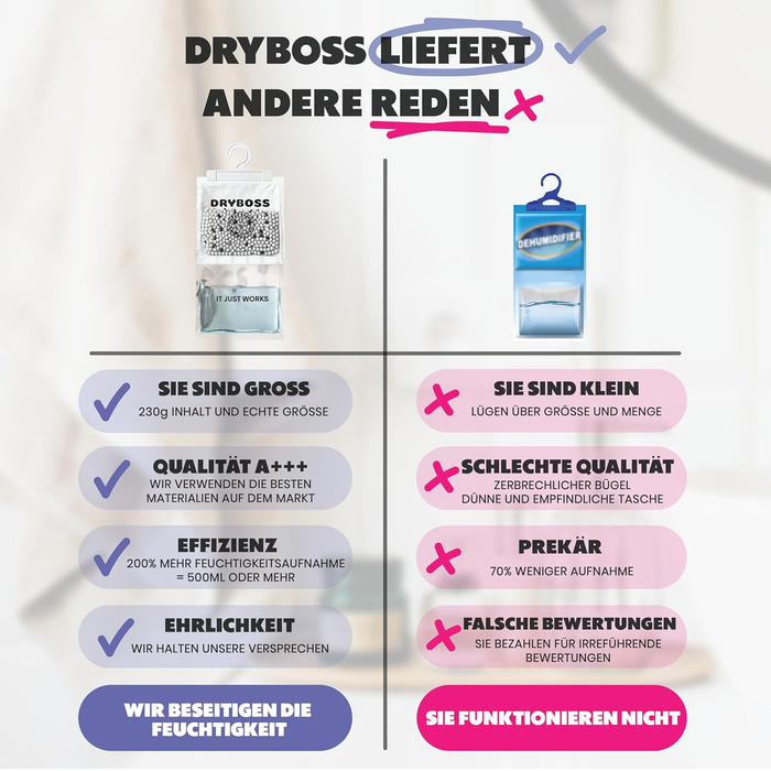 DRYBOSS Pack XL 230gr Closet Dehumidifier without Electricity | Moisture Bags with Closet Scent | Dehumidifier for Closet | Room Dehumidifier Hanging | Dehumidifier Bag Moisture Absorber (20)
