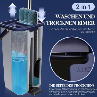 Набір для миття підлоги MASTERTOP з відром, моп з нержавіючою ручкою та 3 насадками, 2 в 1 набір відр та мопа, плоский моп з функцією віджиму для ламінату, плитки, твердої підлоги (Бежевий) (Набір для миття підлоги з відром: Сірий+Блакитний)