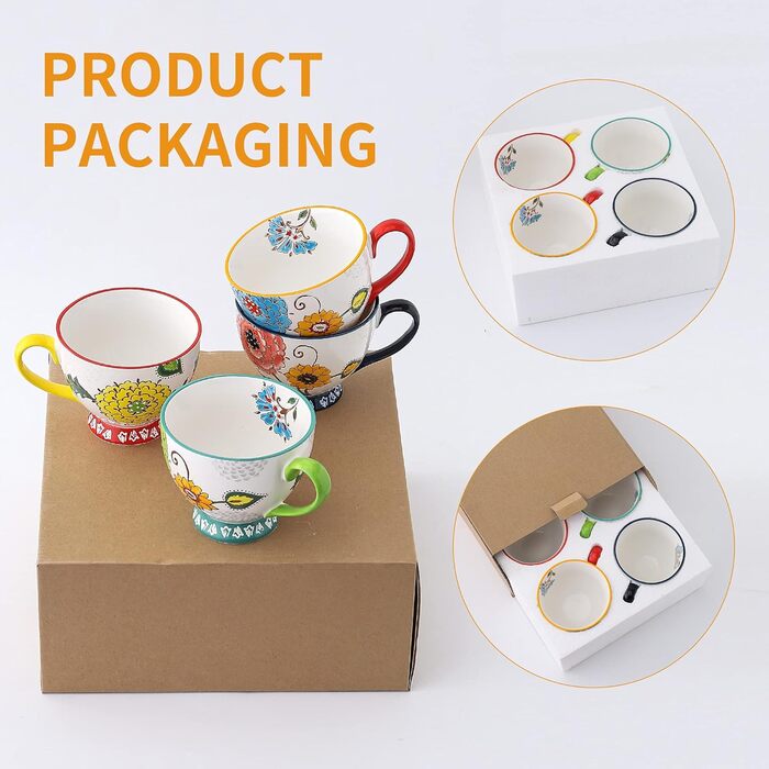superyes Large Coffee Cup Set, 4 Pieces, Coffee Cup Set for Tea, Milk, Latte, Cappuccino, Cereal, Hot Chocolate, Soup, Gift for Friend, Family (Red-Yellow-Green, 425 ml x 4 Pieces)