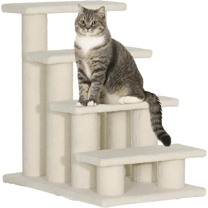 PawHut Pet Stairs Cat Stairs Dog Stairs Stairs for Cats and Dogs 4 Steps 63.5x43x60cm (Cream White)