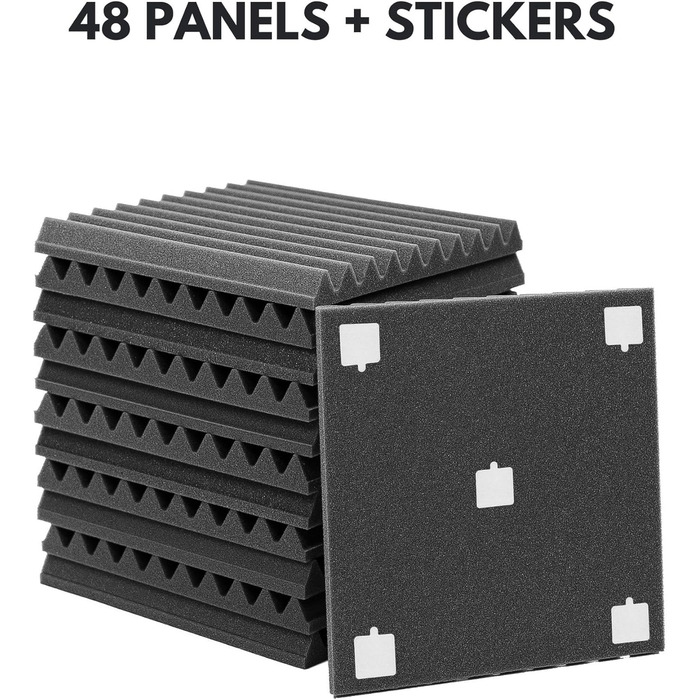 Акустичні панелі для звукоізоляції стін, 48 шт, 30x30x3 см, шумопоглинаючий поролон для студії звукозапису, антрацит (сірий), з клеєм