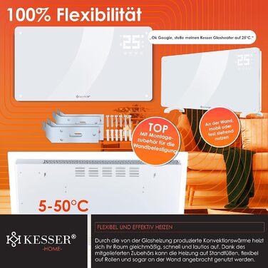 Електричний конвектор KESSER® з Wi-Fi керуванням та пультом дистанційного керування | 2500 Вт | Скло | Настінний/Підлоговий | LCD-дисплей, таймер, сенсорне управління