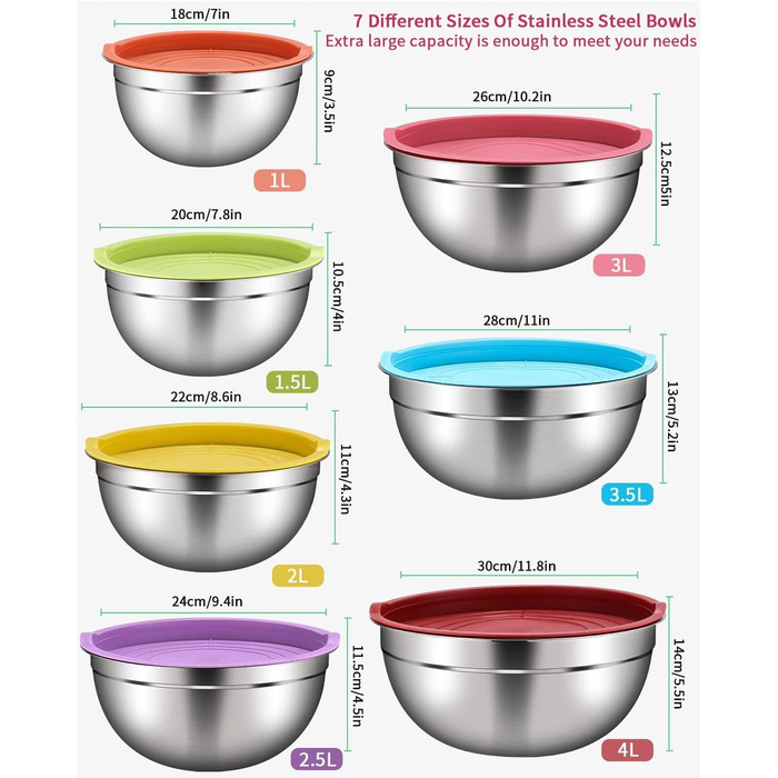 Set of 7 stainless steel bowls with colorful lids, mixing bowls, salad bowls, stackable for minimal storage, essential cooking, kitchen utensils