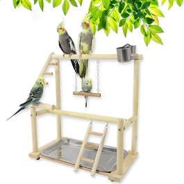 Bird Playground, budgie toys, bird playground stand, bird gym, bird accessories, climbing frame with ladder, running grid with feeder cups, tray, swing for parakeets, wavy parrots, finches, etc. (#7)