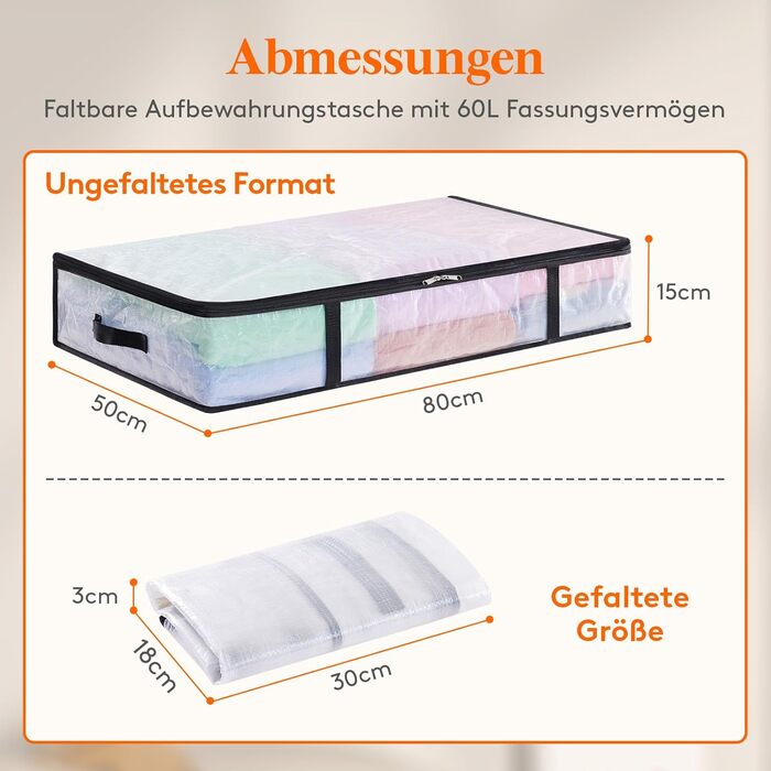 Органайзер для зберігання під ліжком Lifewit, 4 шт., 60л, прозорий, для ковдр, одягу, з посиленими ручками