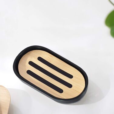 Набір для ванної кімнати MisFox з бамбука (6 предметів): диспенсер для лосьйону, сміттєвий бак, тримач для зубних щіток, стаканчик для зубної пасти, щітка для унітазу, мильниця. Чорний колір.