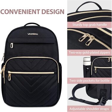 Чорний рюкзак для ноутбука 15.6 дюймів Vankean: водонепроникний, з USB-портом для зарядки, для жінок та чоловіків, для роботи, навчання, подорожей та кемпінгу