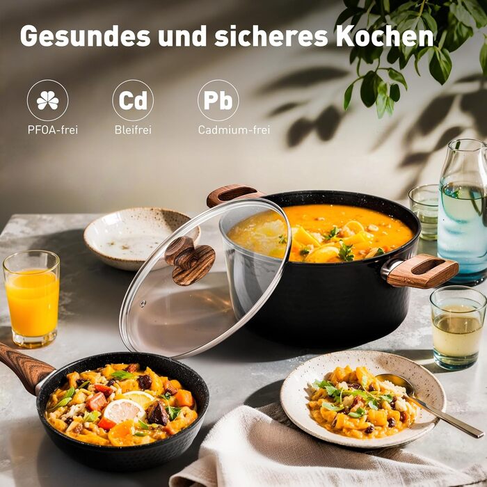 Набір кухонного посуду Kitchen Academy з антипригарним гранітним покриттям, 15 предметів: каструлі, сковороди з кришками, для індукційних плит, чорний колір