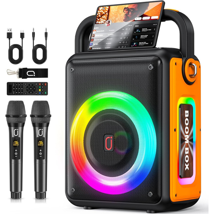Караоке Машина з 2 Бездротовими Мікрофонами для Дорослих, Портативна Bluetooth Колонка з RGB-підсвіткою, Partybox, Підтримка TF/USB, AUX, Rec, TWS S65