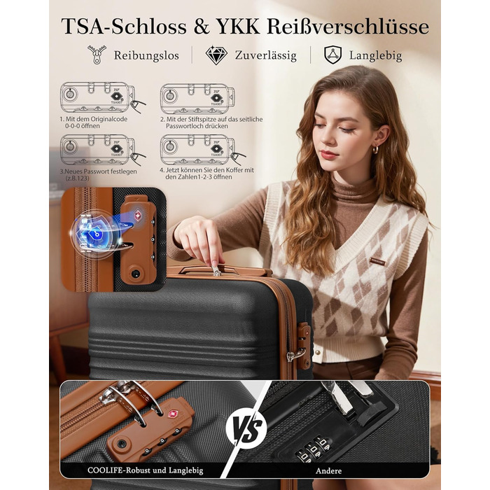 Набір валіз COOLIFE: велика (55x35x20 см) + маленька (40x25x20 см) для ручної поклажі Ryanair & Easyjet, ABS, 2 шт, з TSA замком, чорний/коричневий